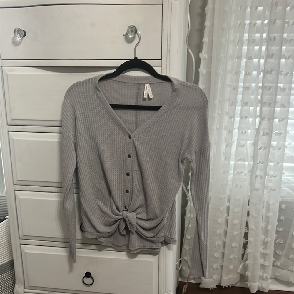 Gray Tie Front Button Down Shirt